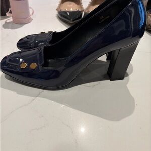Tod's Navy Patent Block Heel Loafers with Gold Studs
